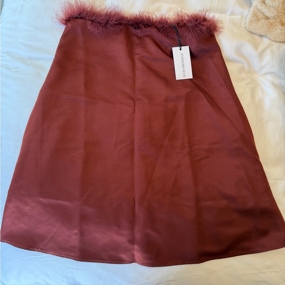 WeWoreWhat Burgundy Strapless Satin Dress with Feather Trim